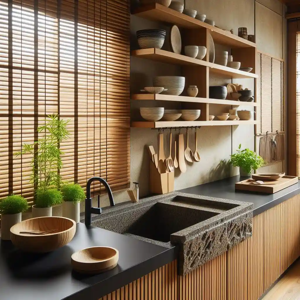 japandi kitchen with a stone sink