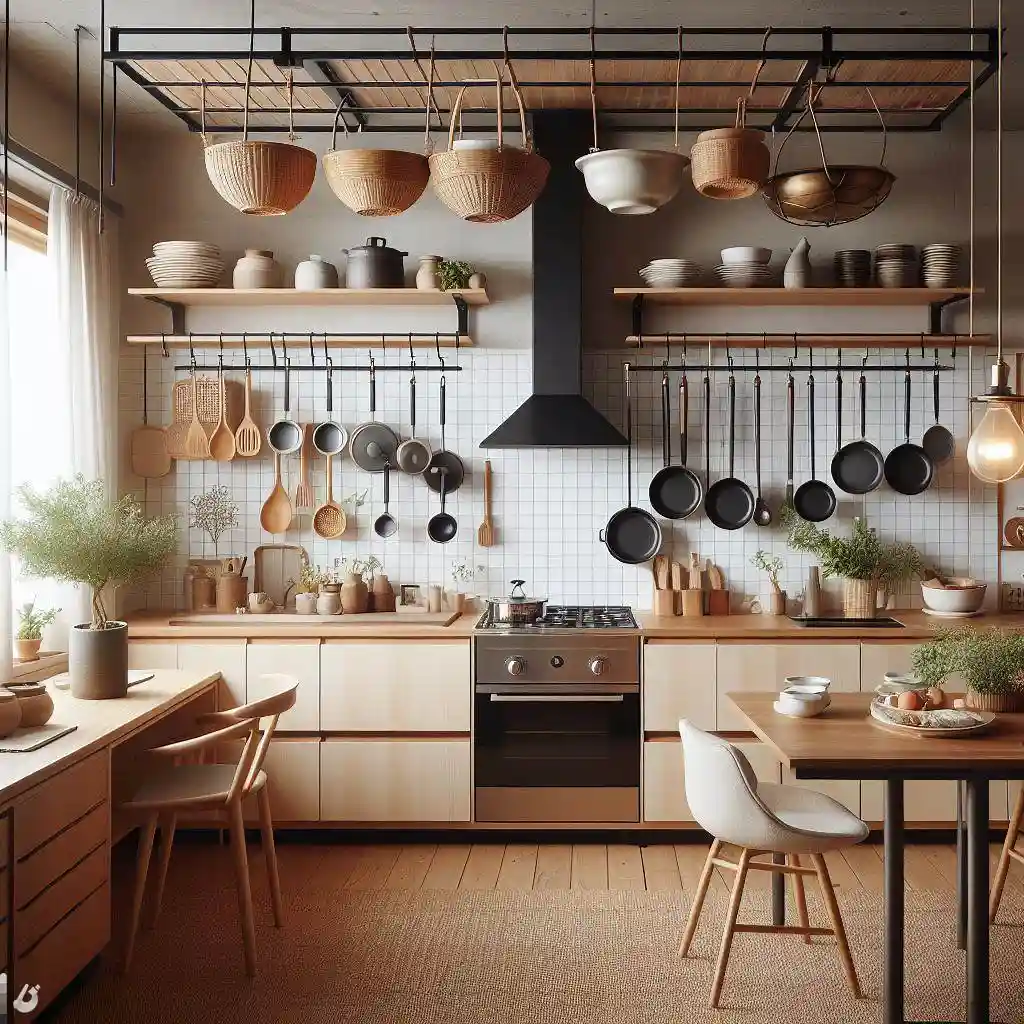 japandi kitchen with suspended rack for pots and pans