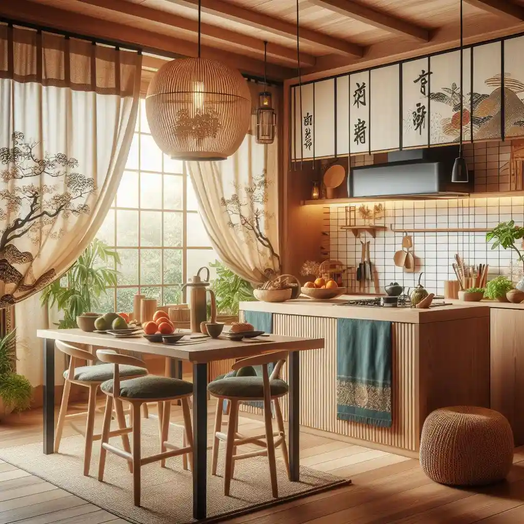 japandi kitchen with traditional noren curtains