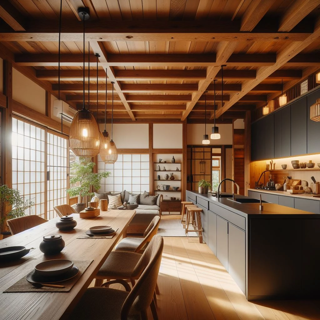 japandi kitchen with wooden ceiling beams 