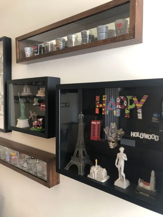 souvenirs and travel finds on the showcase