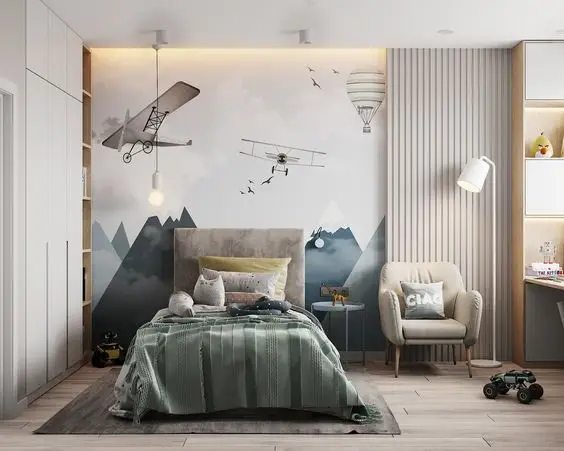 teen boy bedroom with airplane and mountain wallpaper