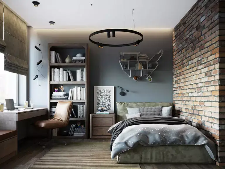 teen boy bedroom with exposed brick wall