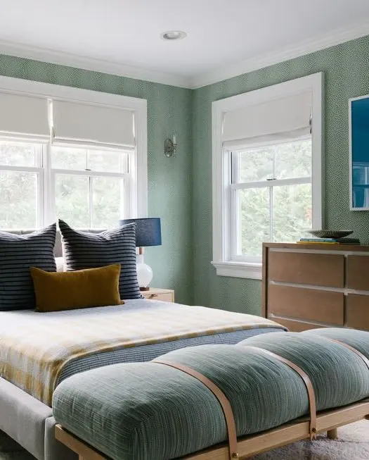 teen boy bedroom with green wallpaper
