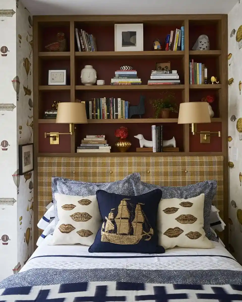 teen boy bedroom with personal mementos storage display