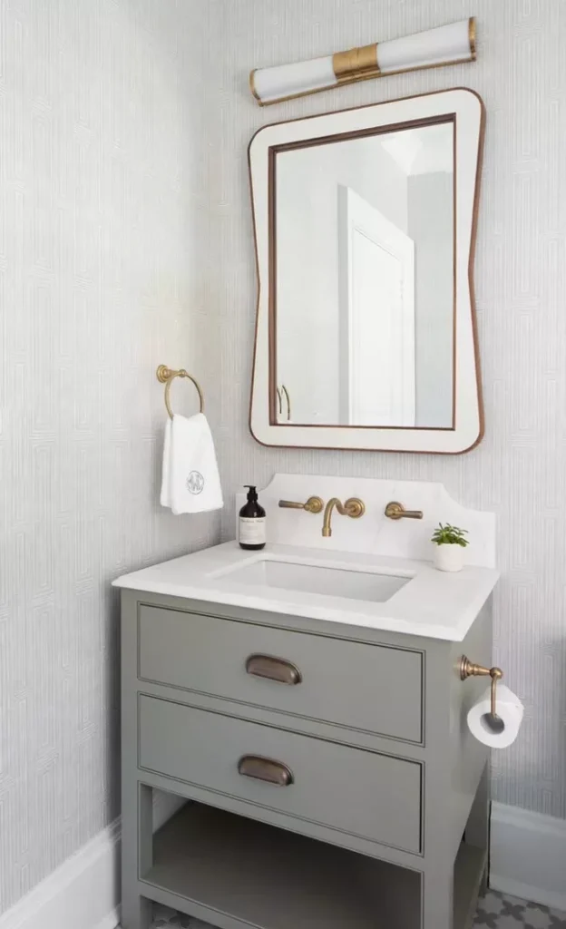 Vanity With Built-In Shelves in small bathroom