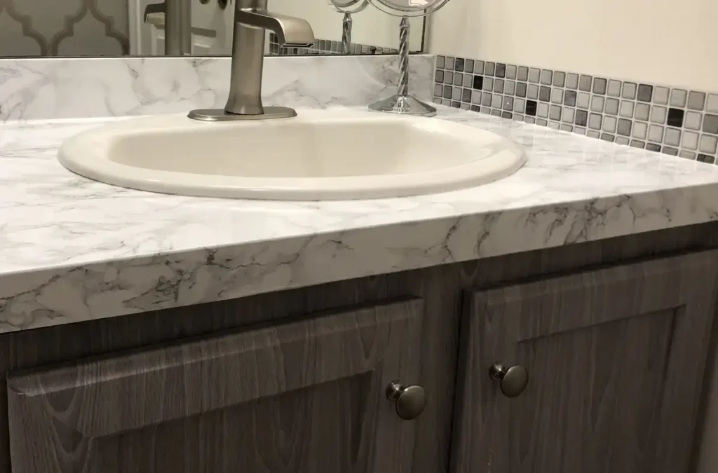 contact paper makeover in mobile home bathroom