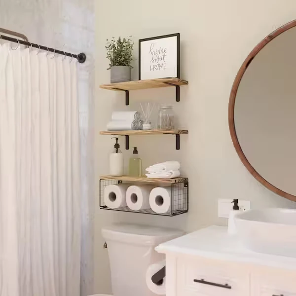 floating shelves cabinet in the small bathroom