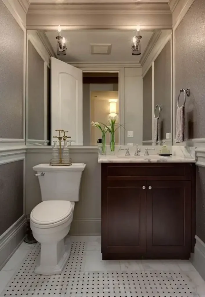 mirrored wall in small bathroom