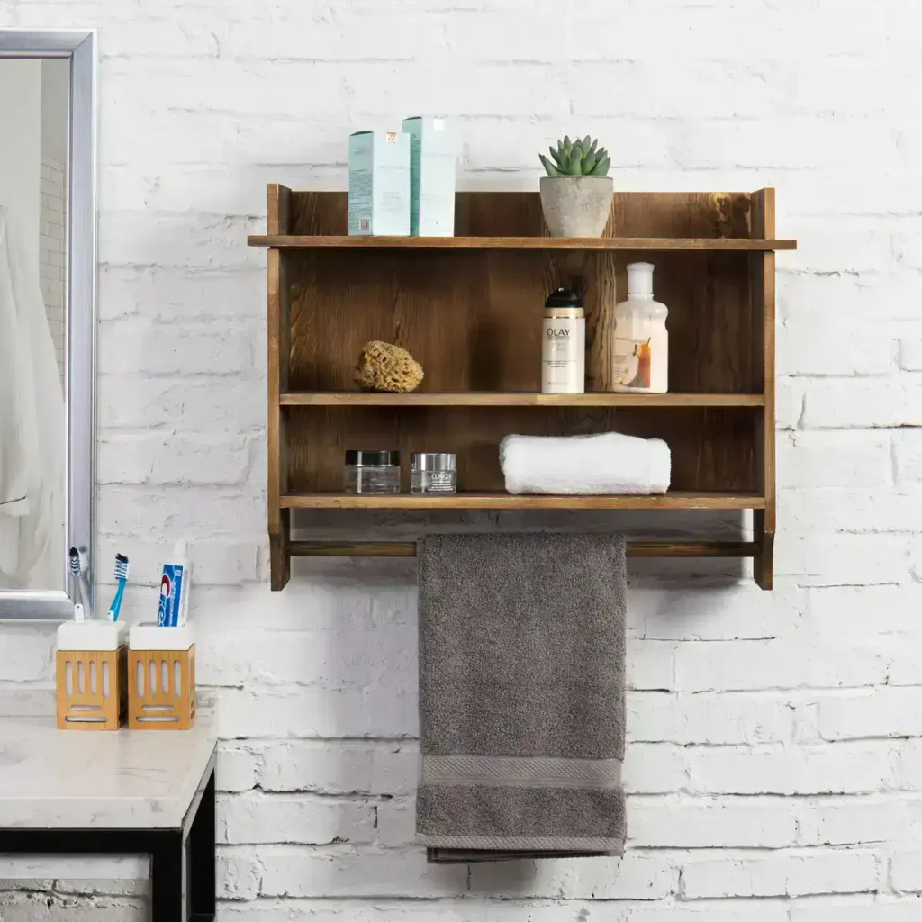 solid wood wall mounted bathroom shelves with towel bar in small bathroom