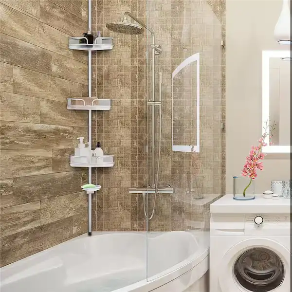 tiered shower caddy in small bathroom