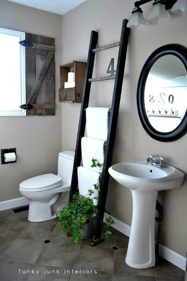 towel ladder in a mobile home bathroom