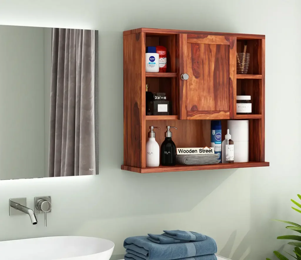 wall mounted cabinet in small bathroom
