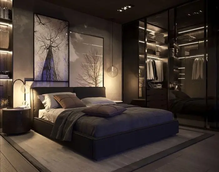 black bedroom with warm lighting
