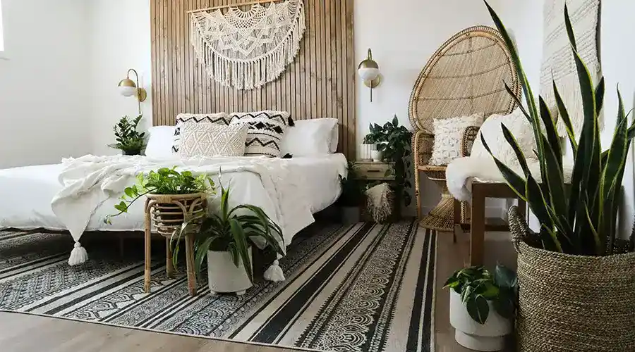 vintage rug in bohemian bedroom