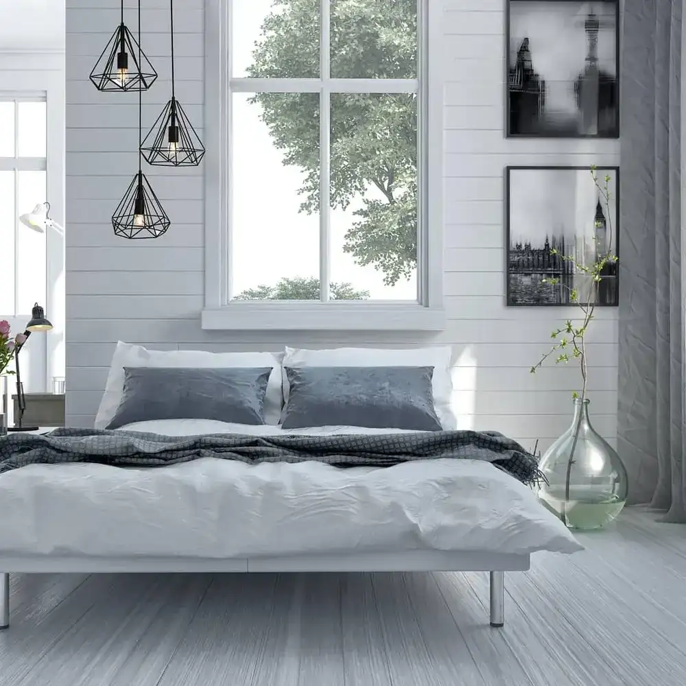 white bedroom with pendant light