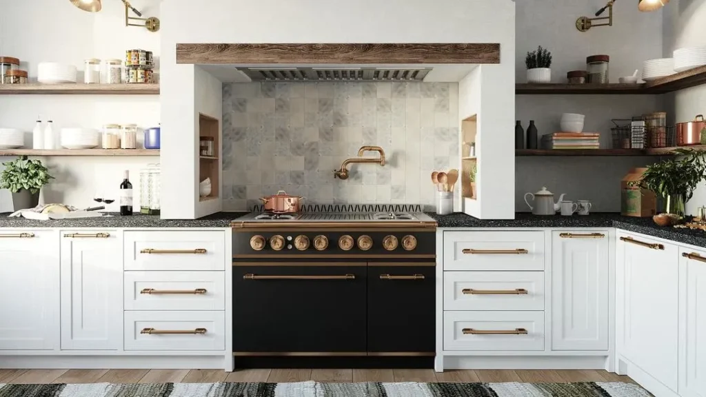 kitchen with open shelves, plate stacking, area rug and patterned tile backsplash