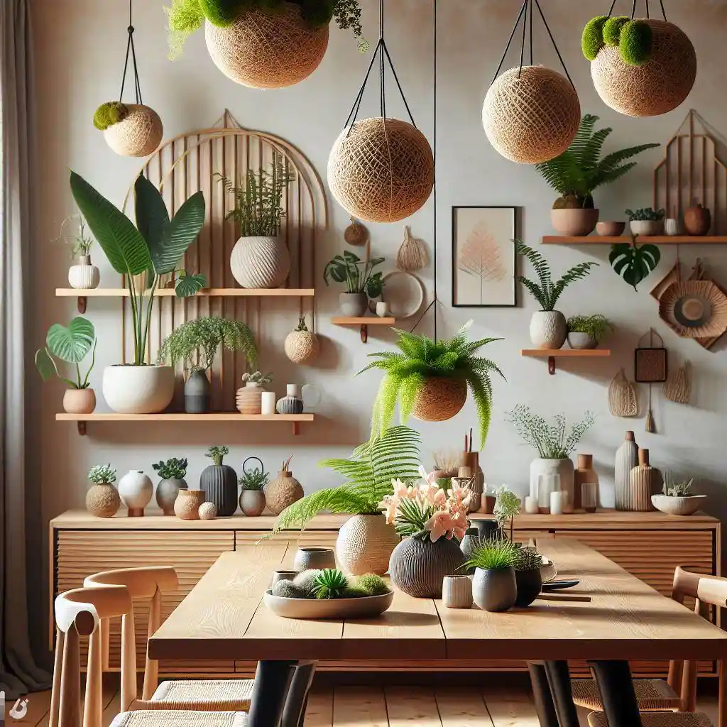 japandi-dining-room-with-Kokedama-Japanese-moss-ball-plant