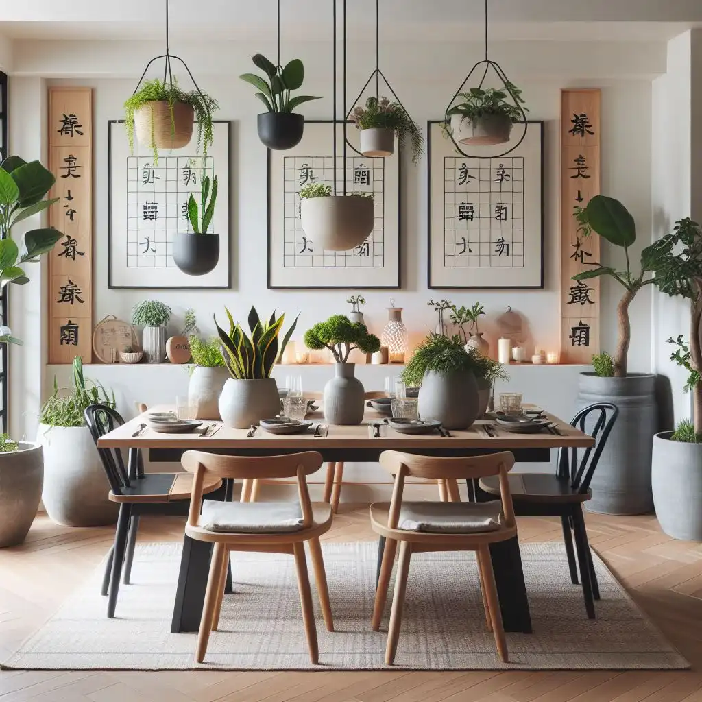 japandi dining room with Scandinavian style planters and Japanese inspired wooden labels