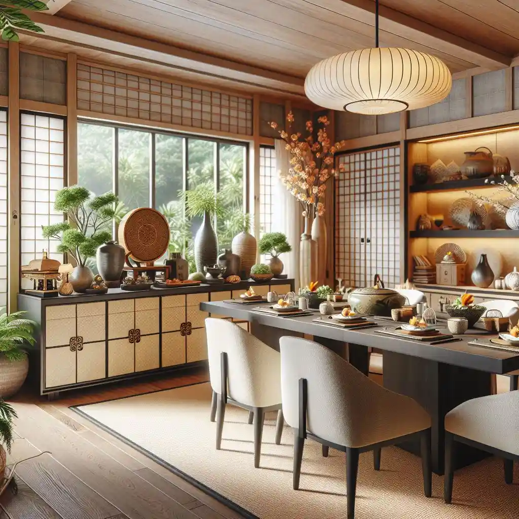 japandi dining room with aTansu style cabinet as abuffet