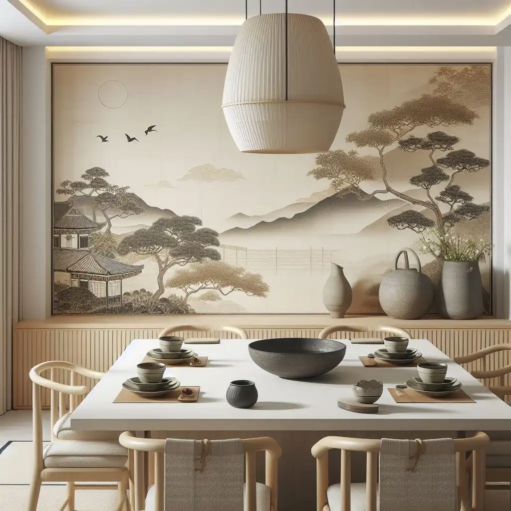 japandi-dining-room-with-a-ceramic-mural-on-one-wall