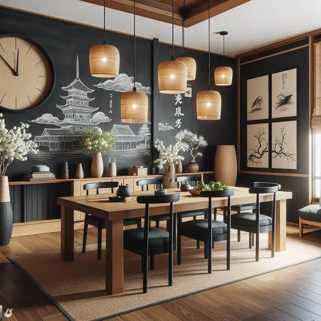 japandi dining room with a chalkboard accent wall
