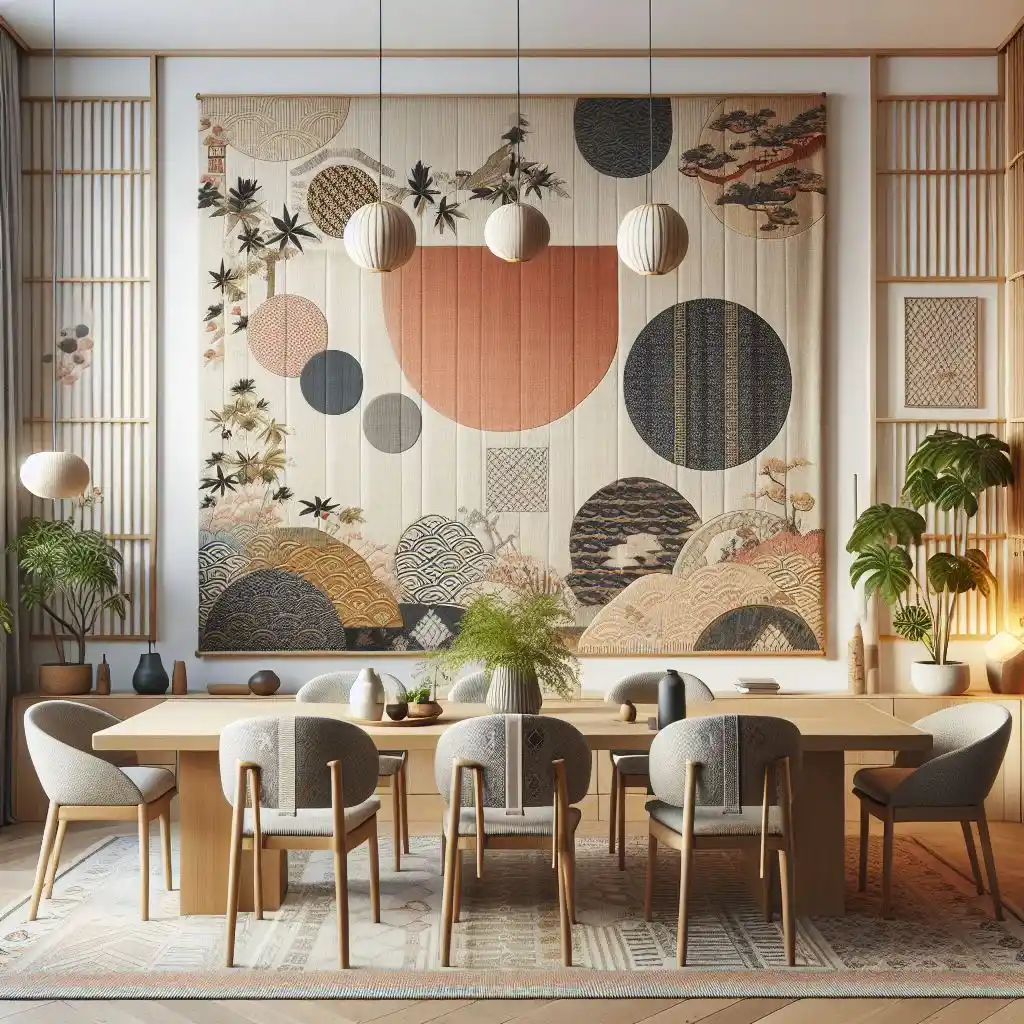 japandi dining room with a large textile wall-hanging