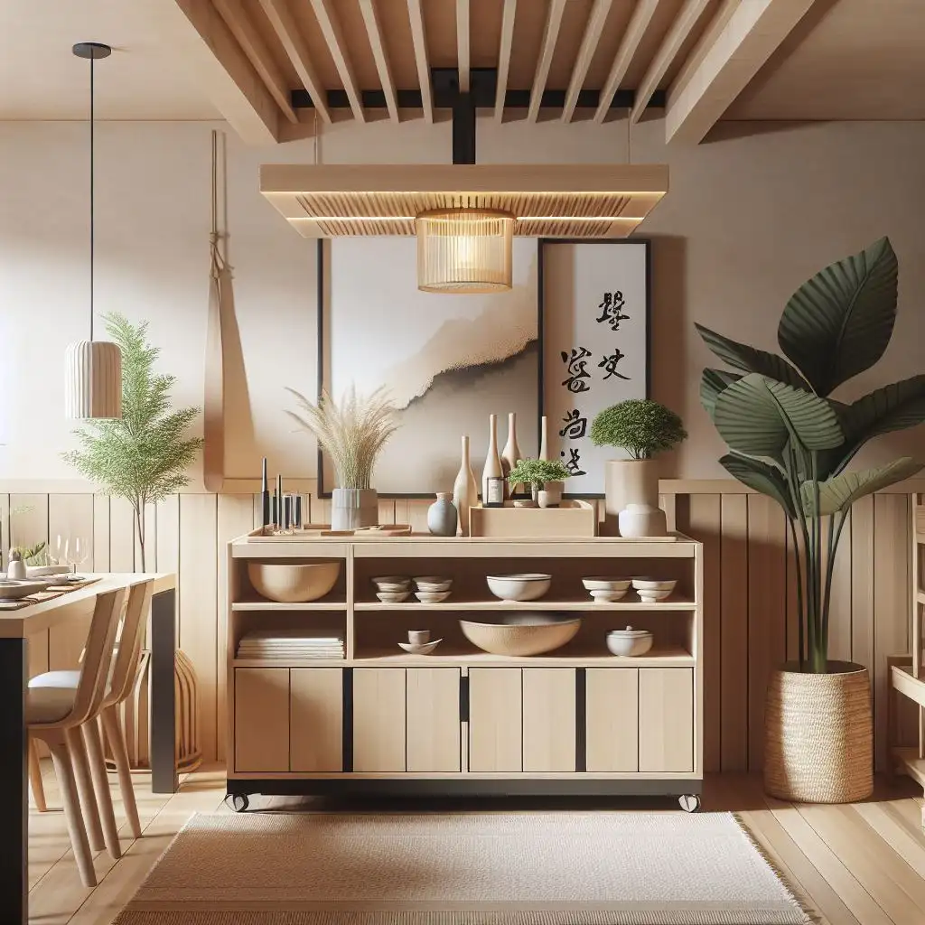 japandi dining room with a movable dining cart