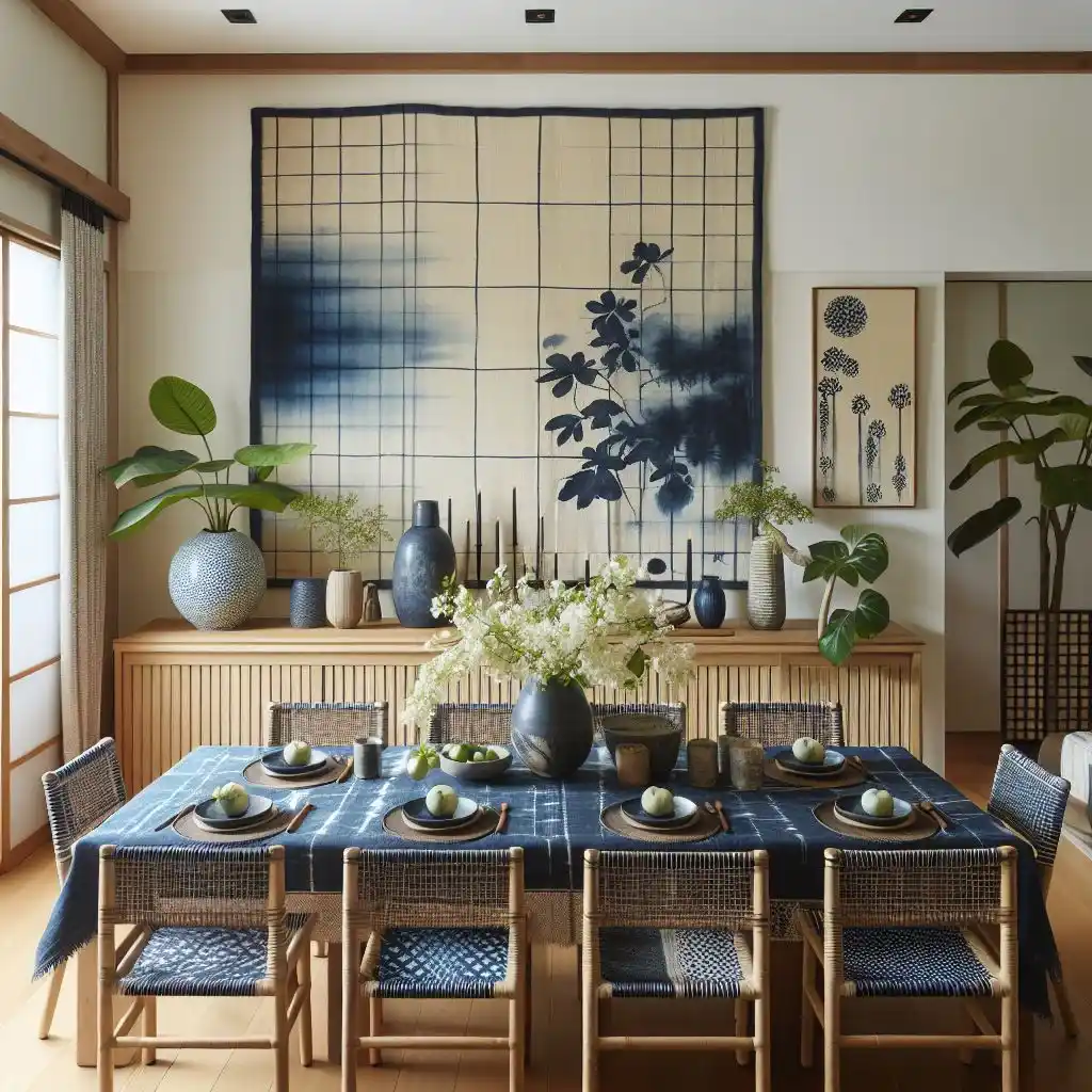 japandi dining room with an indigo dyed Shibori table runner