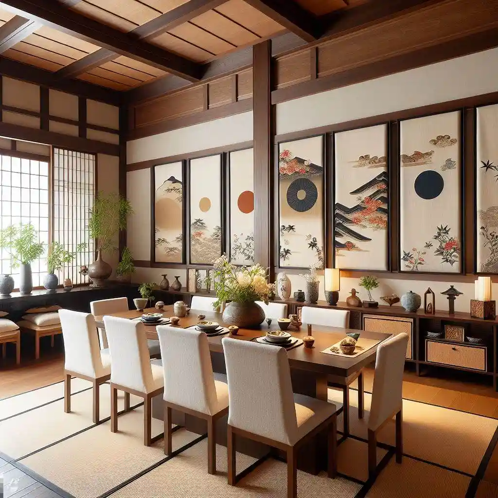 japandi dining room with artwork