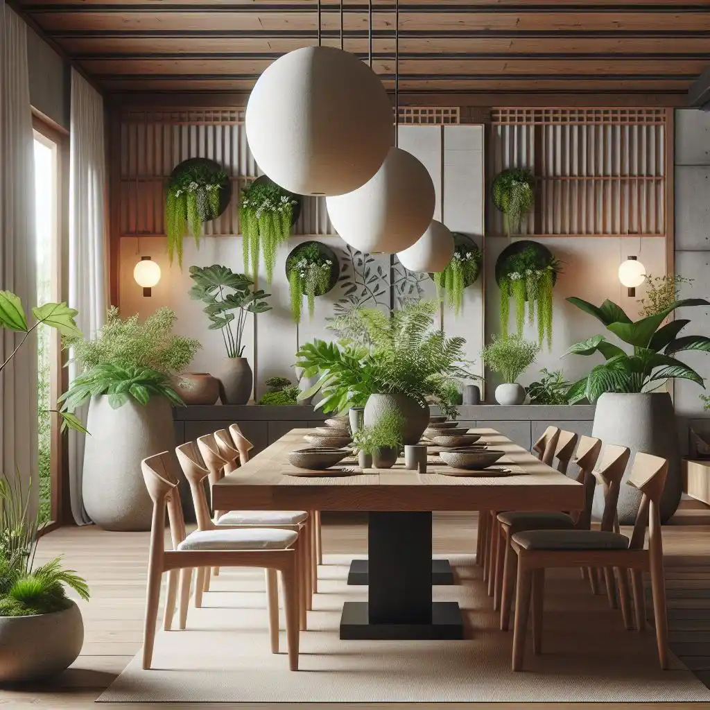 japandi dining room with concrete planters and mossy green plants