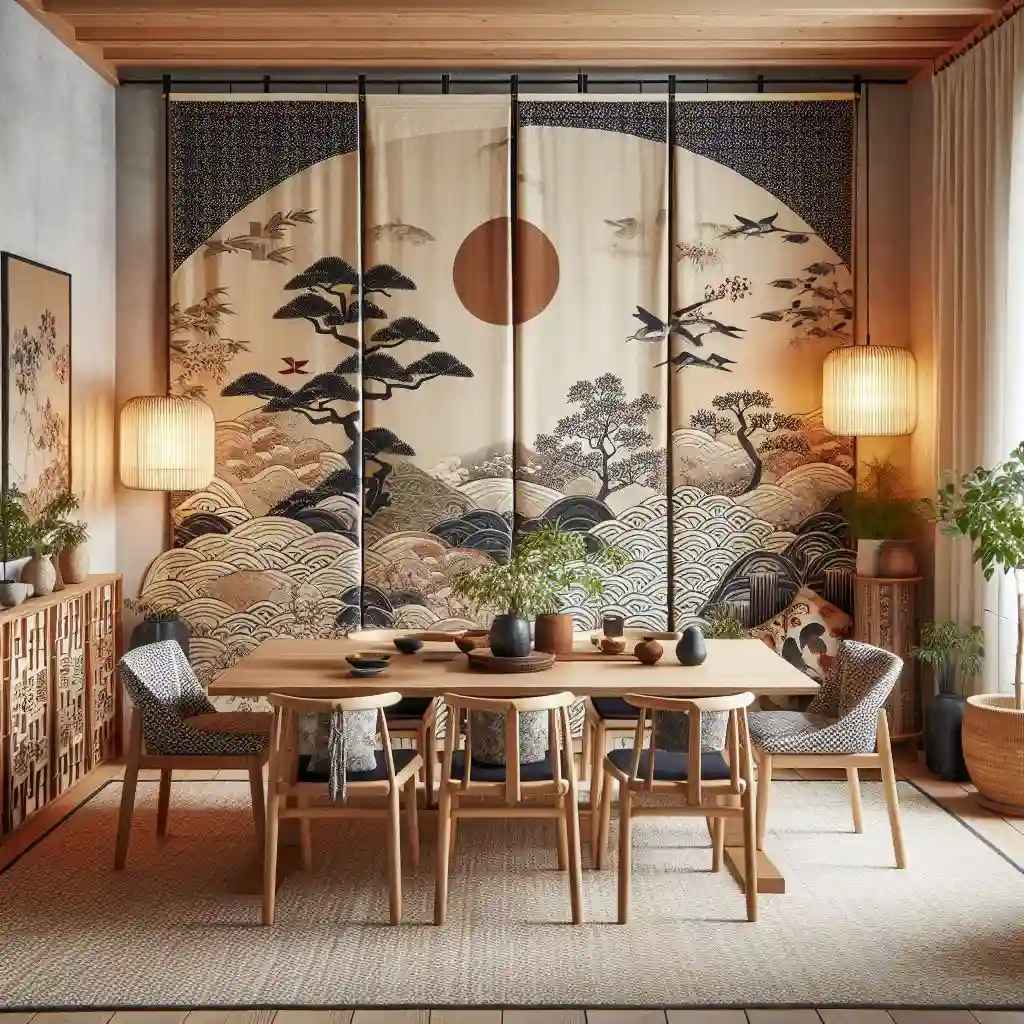 japandi-dining-room-with-fabric-tapestry