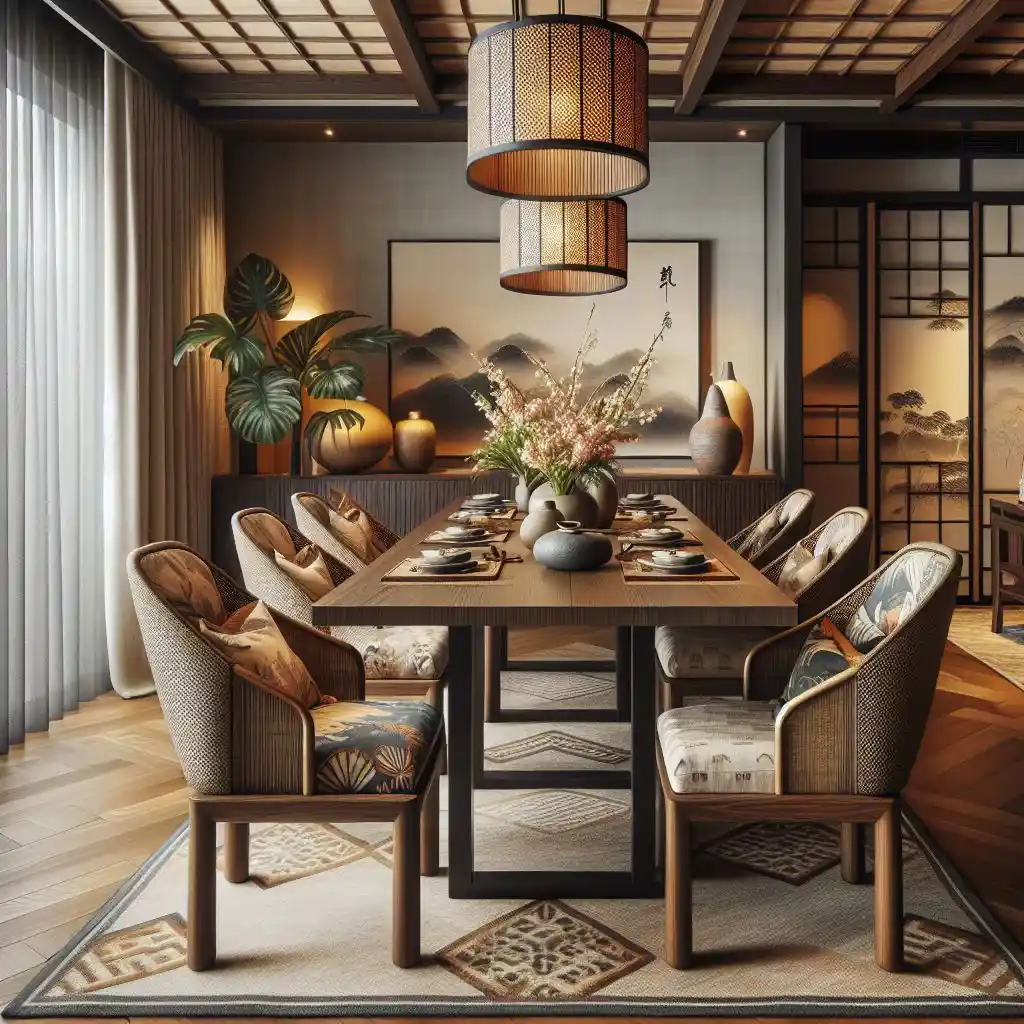 japandi dining room with kimono upholstered-chairs