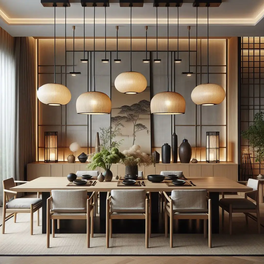 japandi dining room with linear pendant lights above the dining table