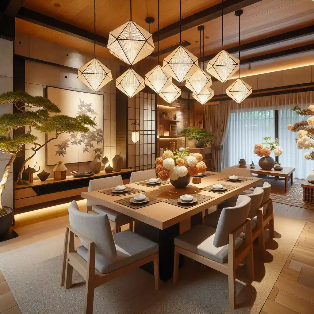japandi dining room with origami inspired pendant lights