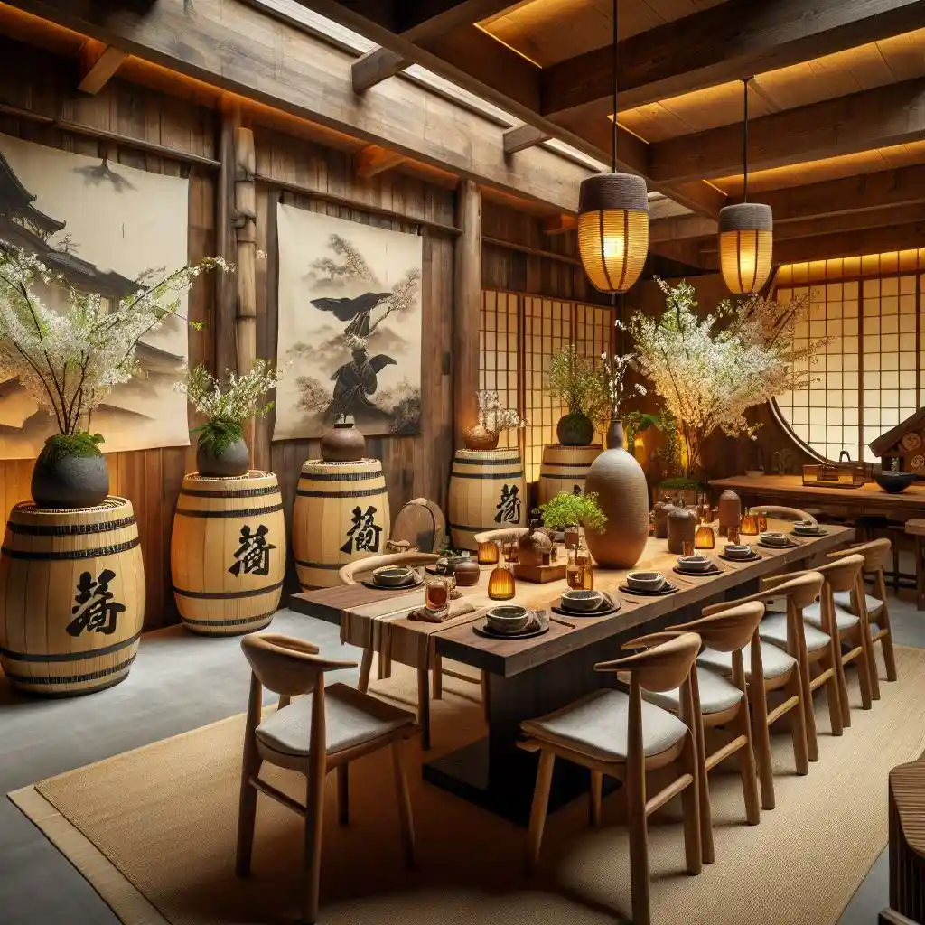 japandi-dining-room-with-repurposed-sake-barrels