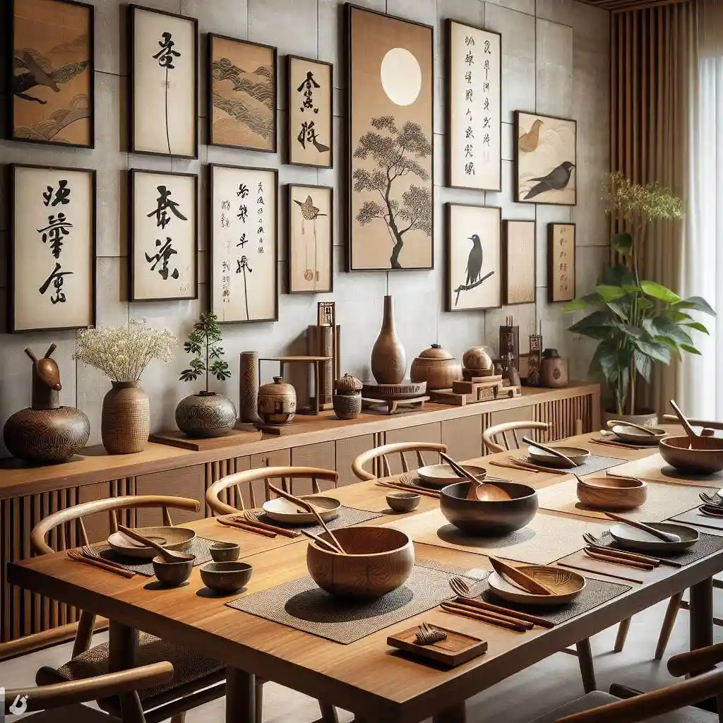 japandi dining room with showcased few handcrafted wooden utensil