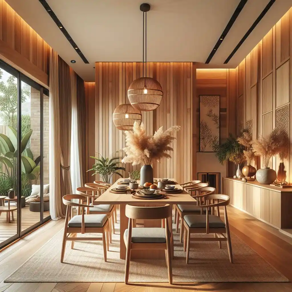 japandi dining room with warm maple wood accents