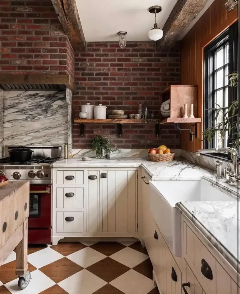 kitchen with brick wall