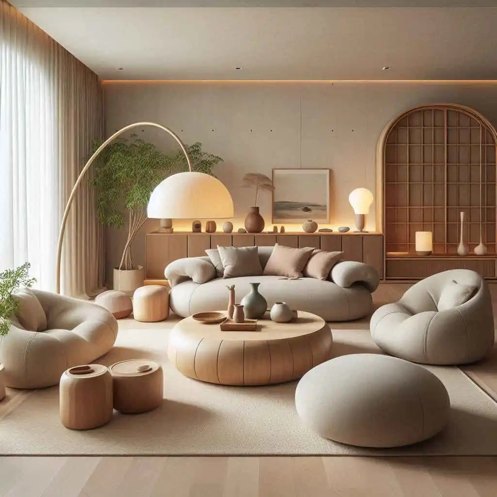 Curvy furniture in japandi living room