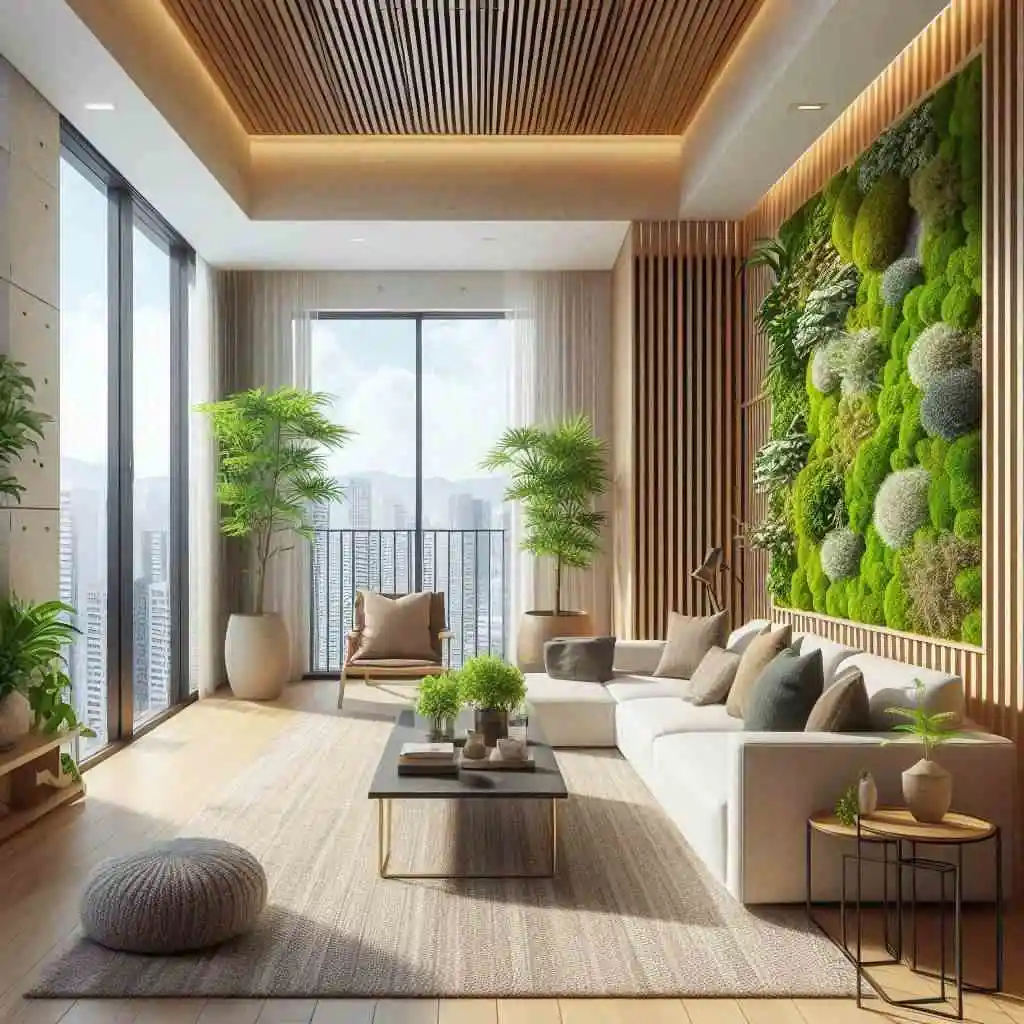 Green walls or vertical garden in japandi living room