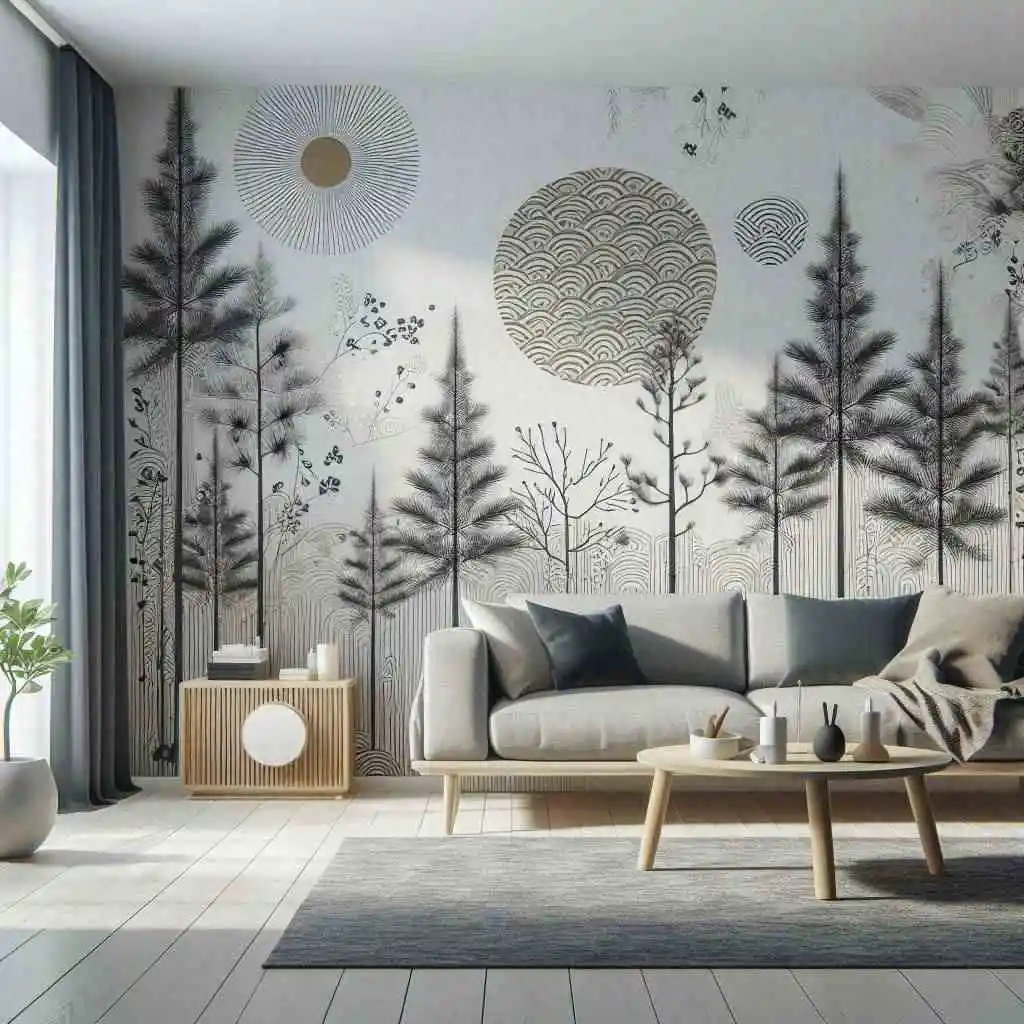 Nordic and Japanese motifs wallpaper in the japandi livingroom