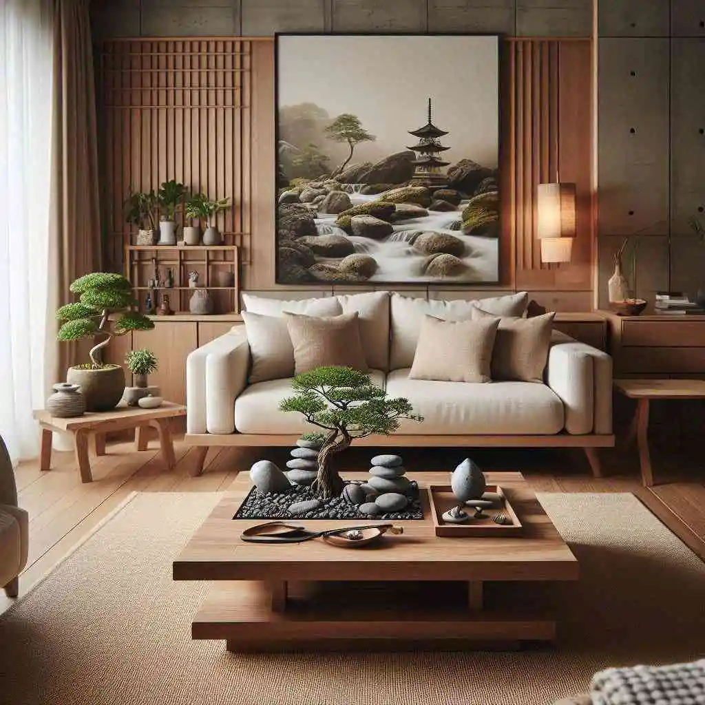 Zen rock garden on a coffee table in japandi living room