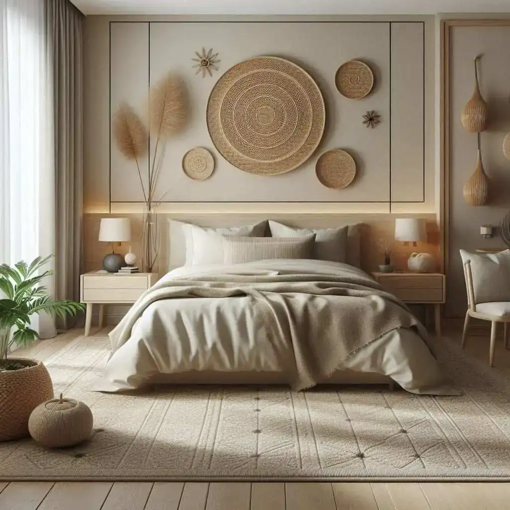 neutral colored area rug japandi bedroom