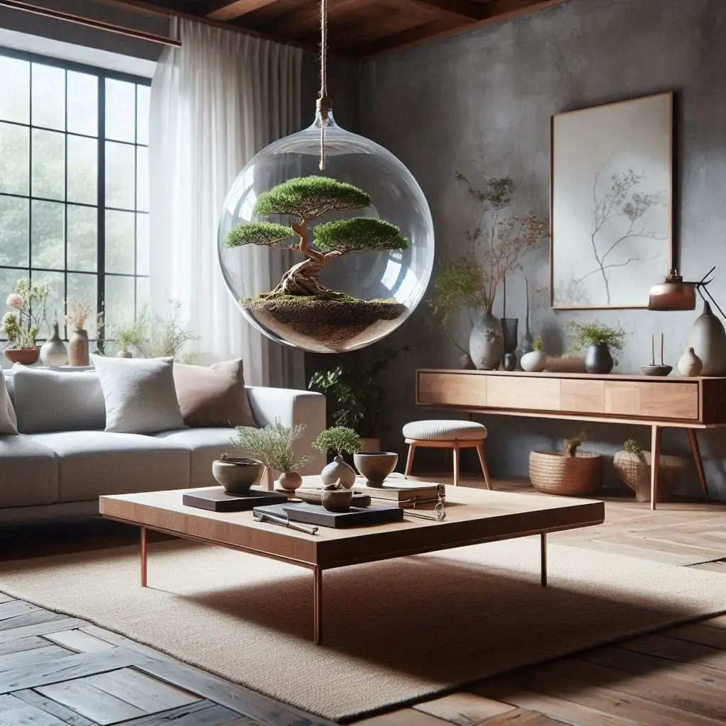 suspended bonsai tree in a glass orb in a japandi living room