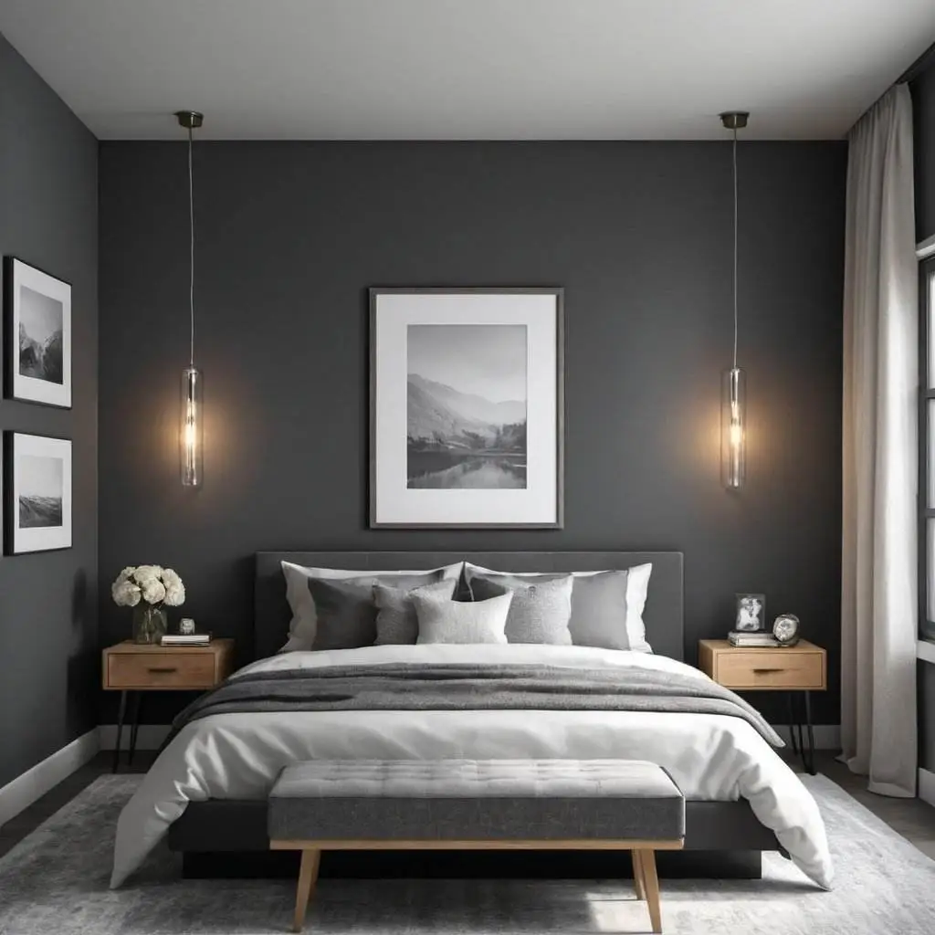 Charcoal gray walls and acrylic lighting in home bedroom refresher