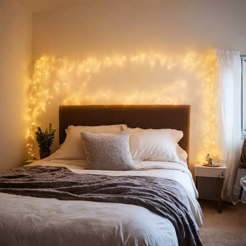 Fairy lights draped around headboard home bedroom refresh