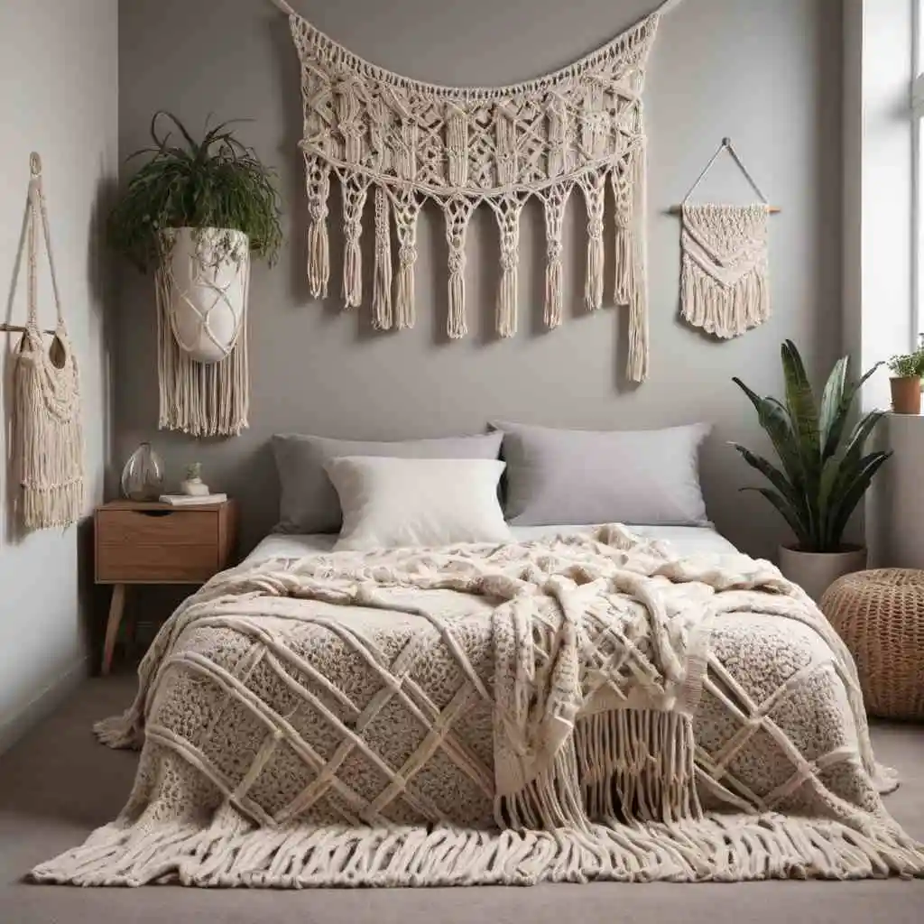 Layered textures with macrame and knitted blankets