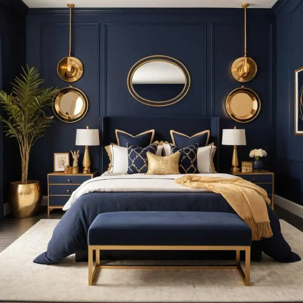 Navy blue with gold accents and warm lighting home bedroom refresher