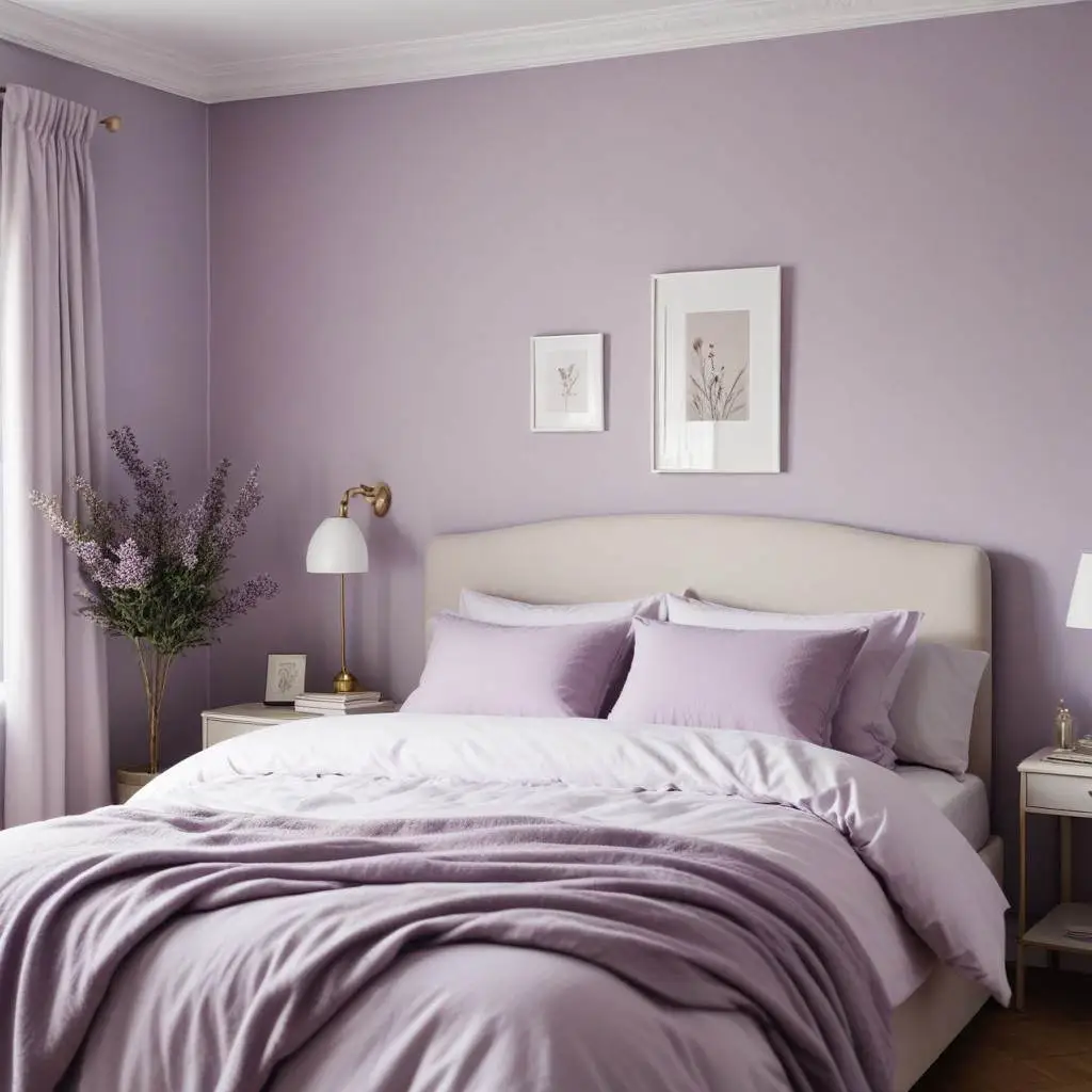 Pale lavender walls and lavender linen in home bedroom refresher